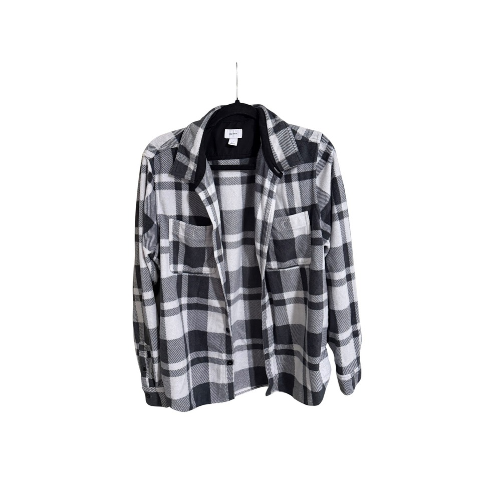 Old Navy Mens Fleece Plaid Shacket Black White Gray Button Down Shirt Large